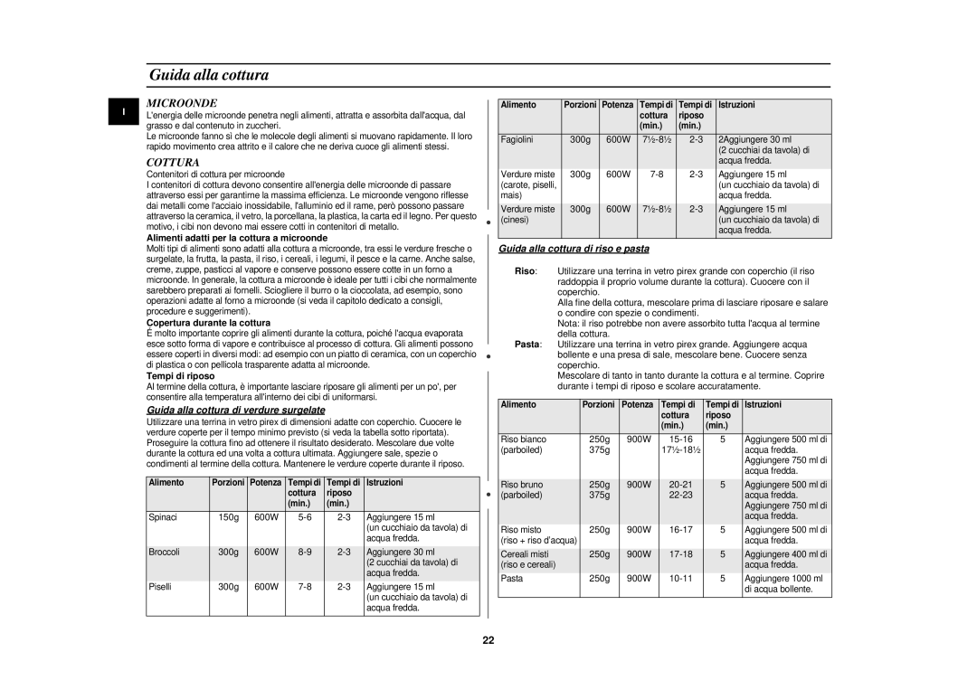 Samsung PG113U-S/XET manual Guida alla cottura, Microonde, Cottura 