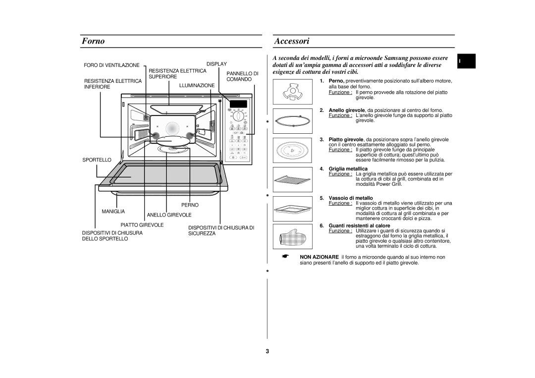 Samsung PG113U-S/XET manual Forno, Accessori, Griglia metallica, Vassoio di metallo, Guanti resistenti al calore 