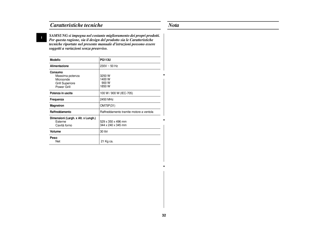 Samsung PG113U-S/XET manual Caratteristiche tecniche Nota, Volume, Peso 