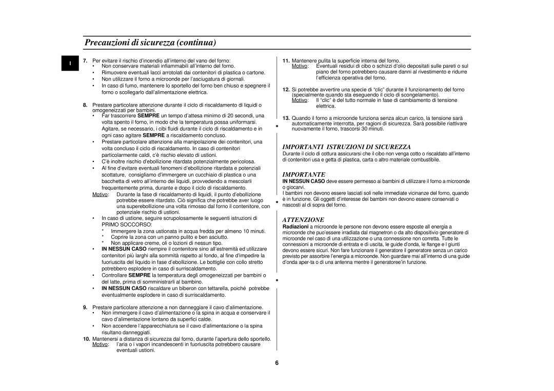 Samsung PG113U-S/XET manual Precauzioni di sicurezza continua, Importanti Istruzioni DI Sicurezza, Importante, Attenzione 