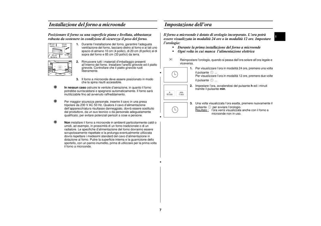 Samsung PG113U-S/XET manual Installazione del forno a microonde Impostazione dell’ora 