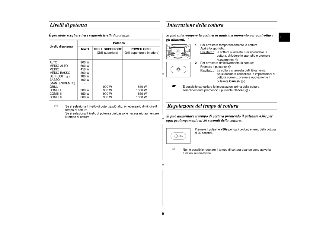 Samsung PG113U-S/XET manual Livelli di potenza Interruzione della cottura, Regolazione del tempo di cottura, Potenza 