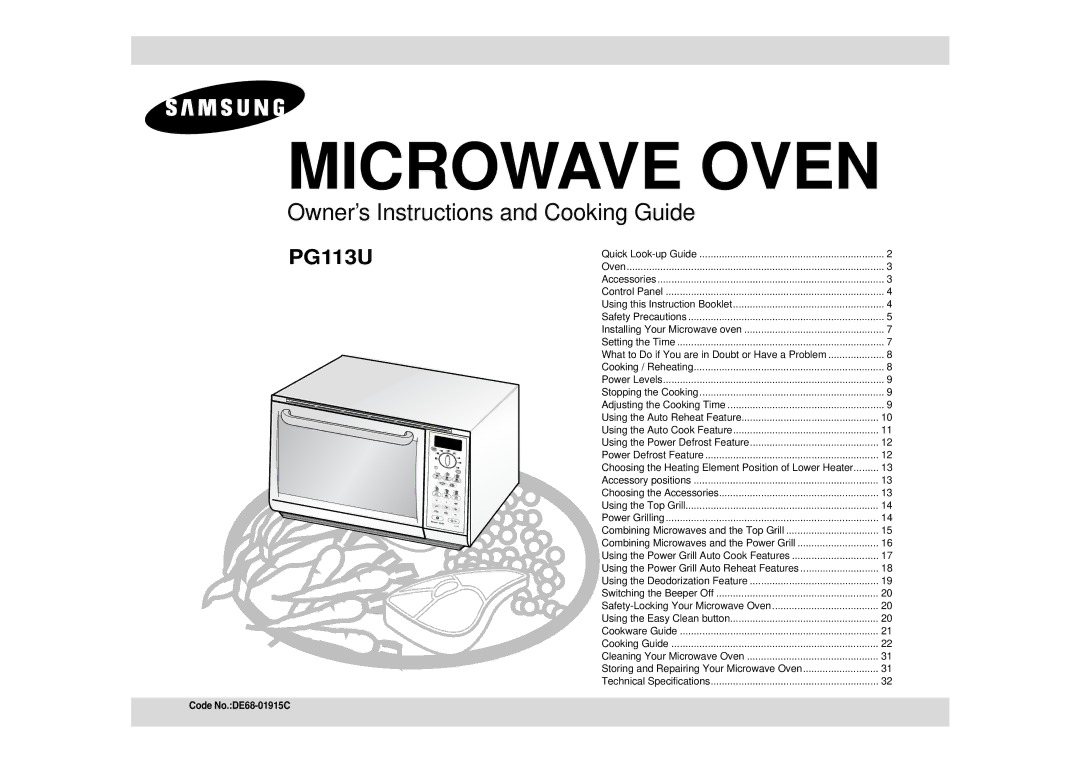 Samsung PG113U technical specifications Microwave Oven, Code No.DE68-01915C 