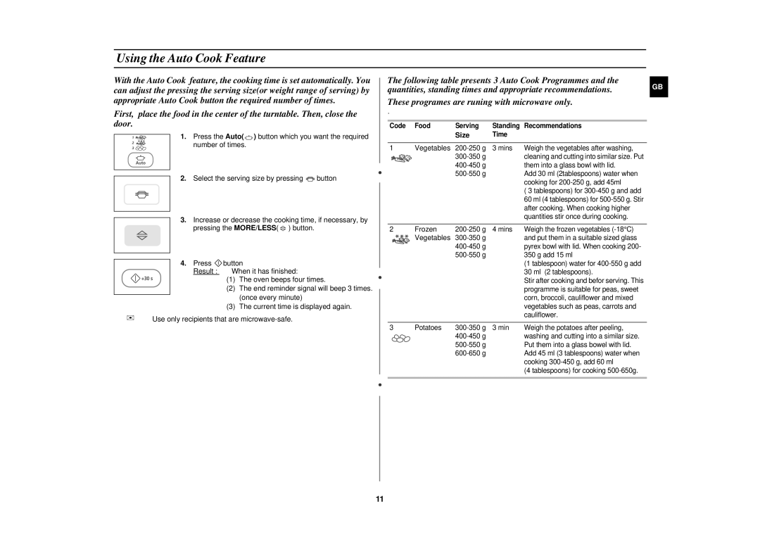 Samsung PG113U technical specifications Using the Auto Cook Feature, Size, Code Food Serving Standing Recommendations 