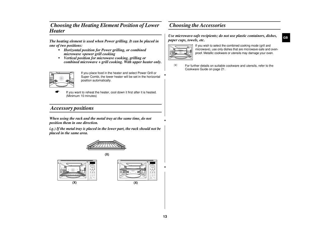 Samsung PG113U Choosing the Heating Element Position of Lower Heater, Accessory positions, Choosing the Accessories 