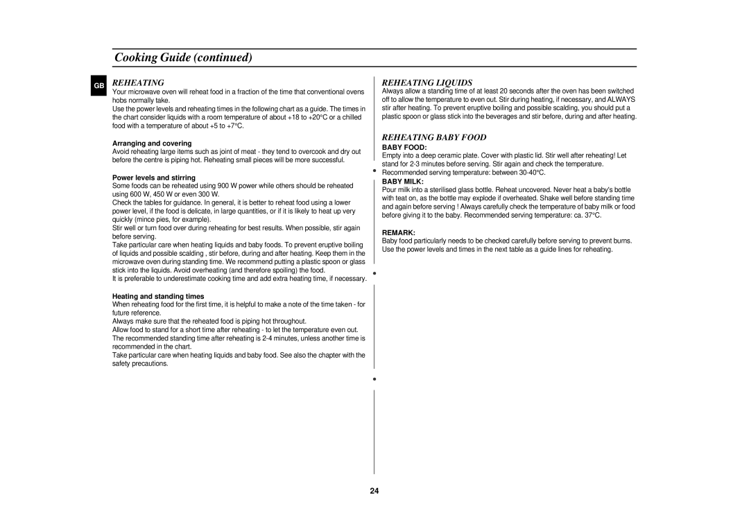 Samsung PG113U technical specifications Reheating Liquids, Reheating Baby Food 