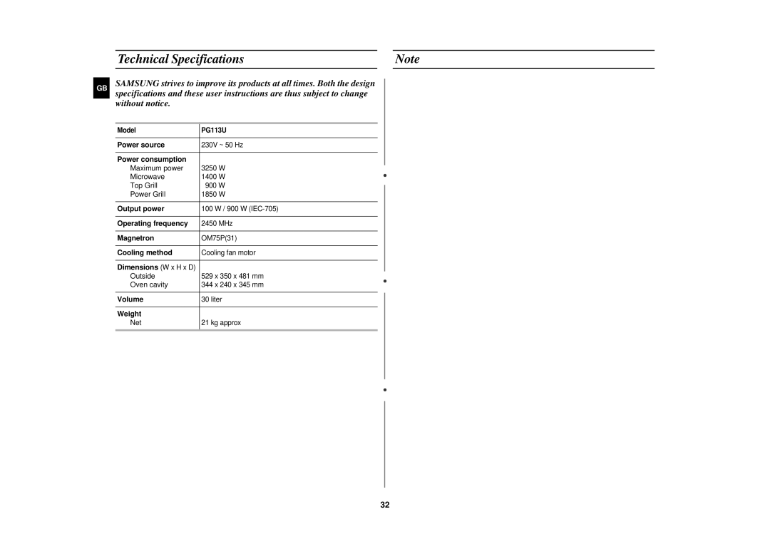 Samsung PG113U technical specifications Technical Specifications 