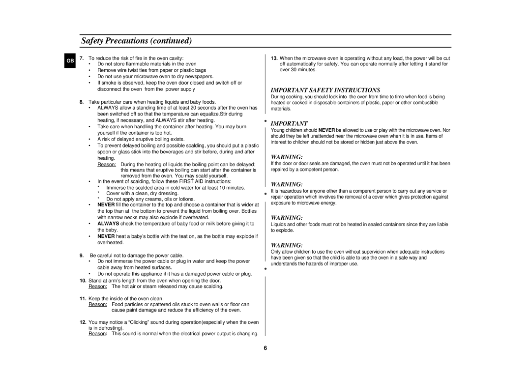 Samsung PG113U technical specifications Important Safety Instructions 