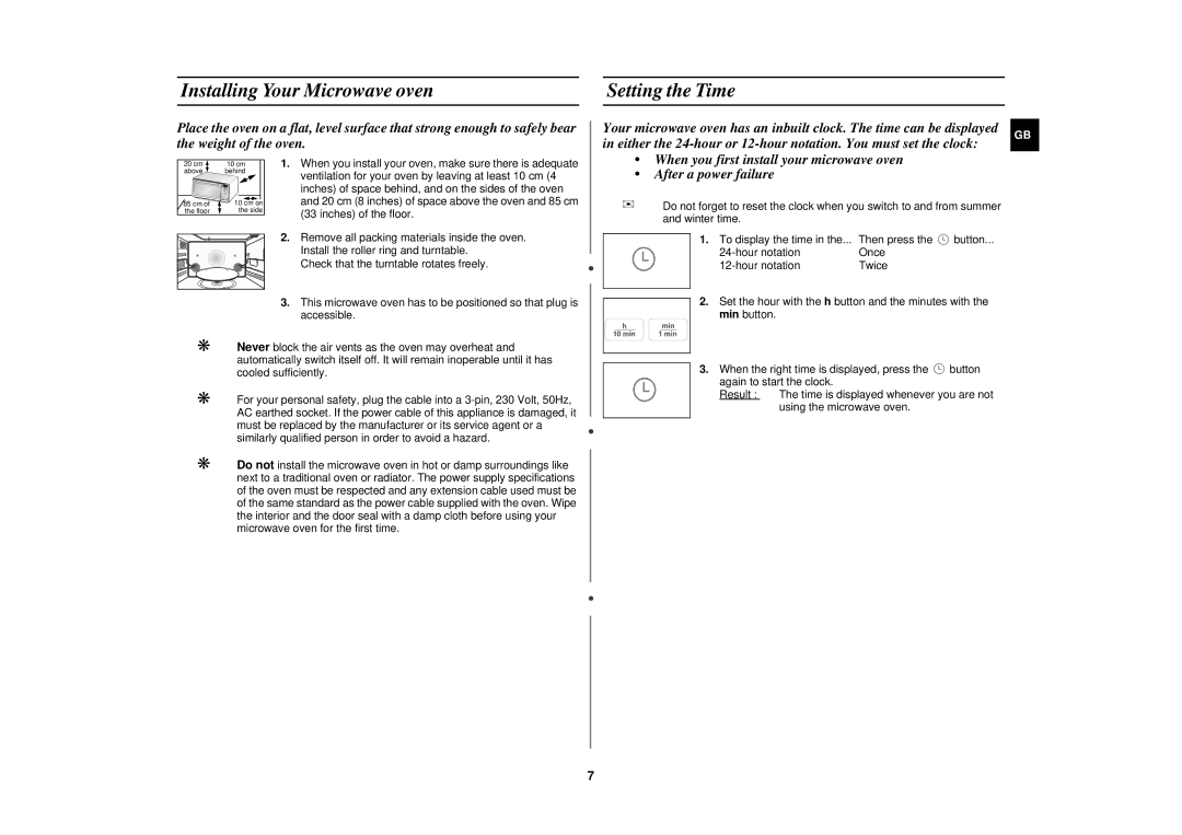 Samsung PG113U technical specifications Installing Your Microwave oven Setting the Time 