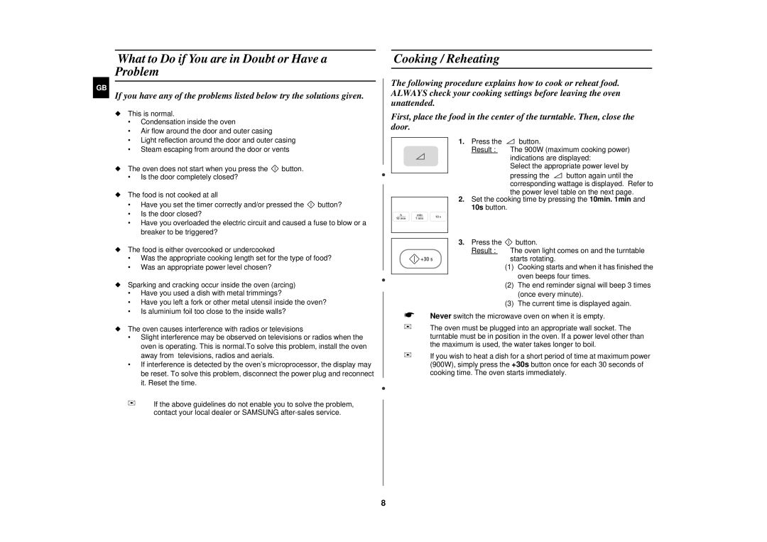 Samsung PG113U technical specifications What to Do if You are in Doubt or Have a Problem, Cooking / Reheating 