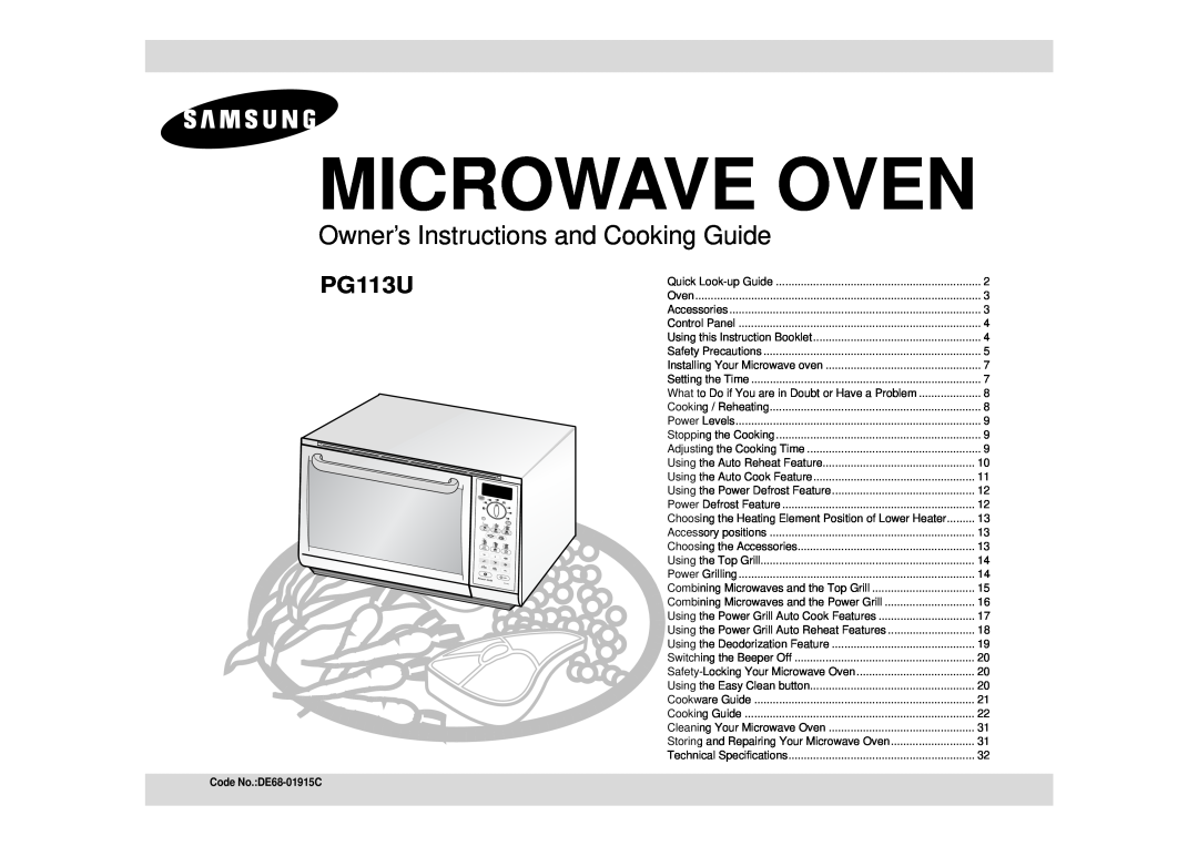 Samsung PG113U technical specifications Microwave Oven, Owner’s Instructions and Cooking Guide 