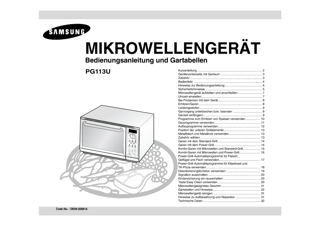 Samsung PG113U-S/XEG manual Power-Grill-Automatikprogramme für Fleisch, Power-Grill-Automatikprogramme für Käsetoast und 