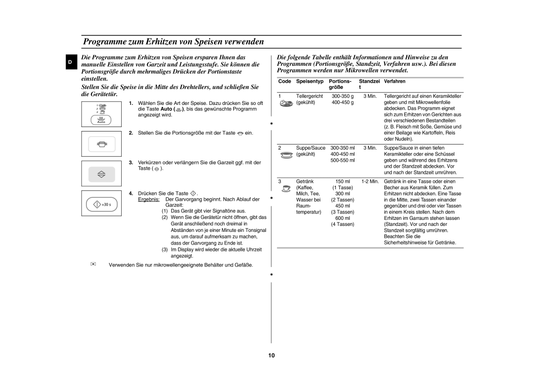 Samsung PG113U/XEG manual Programme zum Erhitzen von Speisen verwenden, Code Speisentyp Portions, Größe, Standzei Verfahren 