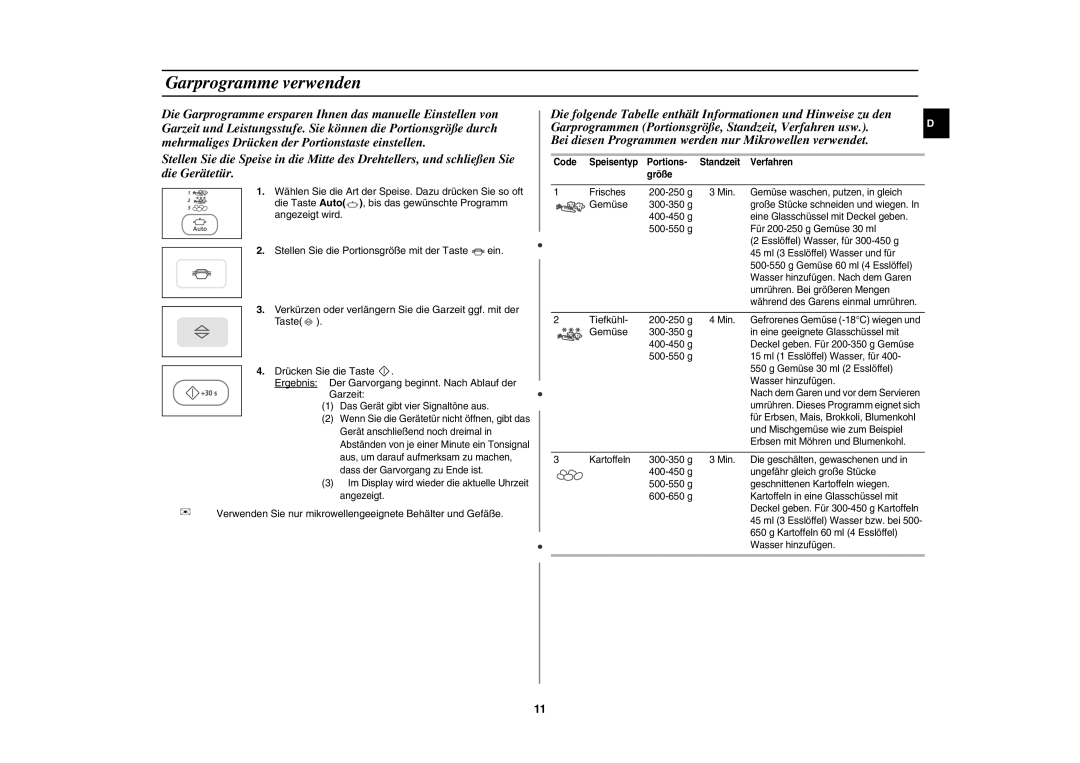 Samsung PG113U-S/XEG manual Garprogramme verwenden, Gemüse, Tiefkühl, Code Speisentyp Portions Standzeit Verfahren Größe 