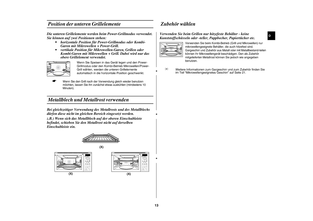 Samsung PG113U-S/XEG, PG113U/XEG Position der unteren Grillelemente, Metallblech und Metallrost verwenden, Zubehör wählen 