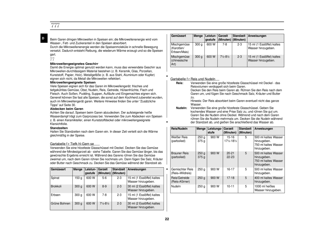 Samsung PG113U/XEG manual Gartabellen und Hinweise, Mikrowellen, Allgemeines ZUM Garen, Gartabelle für Tiefkühl-Gemüse 