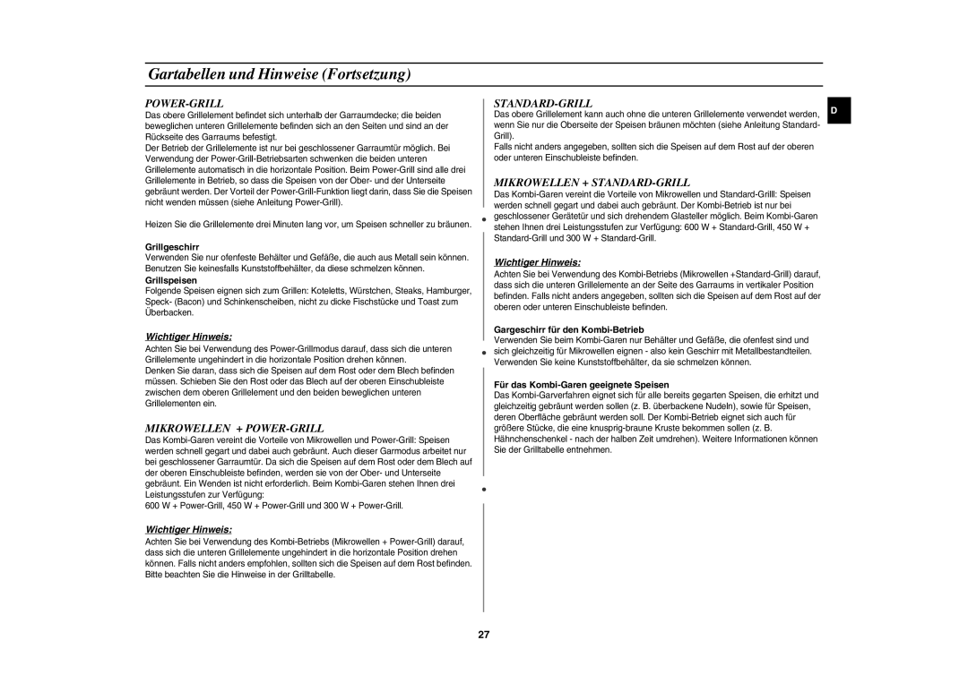 Samsung PG113U-S/XEG, PG113U/XEG manual Power-Grill, Mikrowellen + POWER-GRILL, Standard-Grill, Mikrowellen + STANDARD-GRILL 