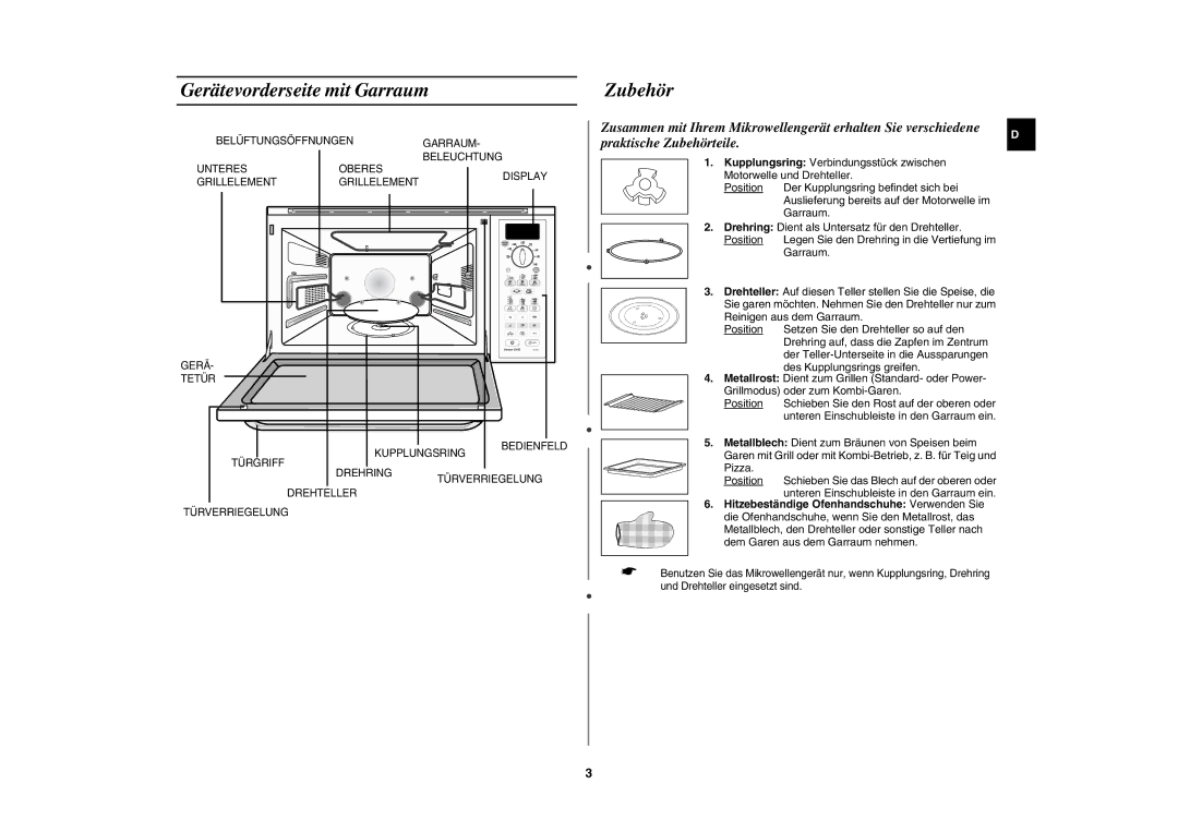 Samsung PG113U-S/XEG, PG113U/XEG manual Gerätevorderseite mit Garraum, Zubehör, Reinigen aus dem Garraum 