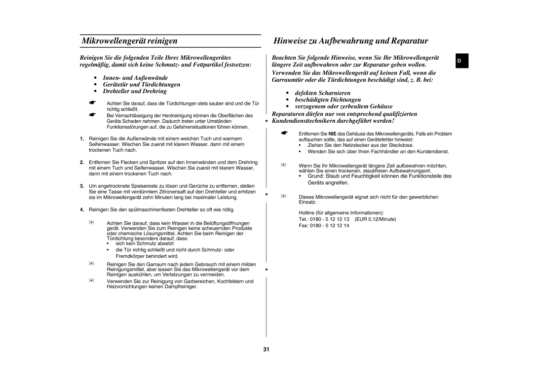 Samsung PG113U-S/XEG, PG113U/XEG manual Mikrowellengerät reinigen, Hinweise zu Aufbewahrung und Reparatur 