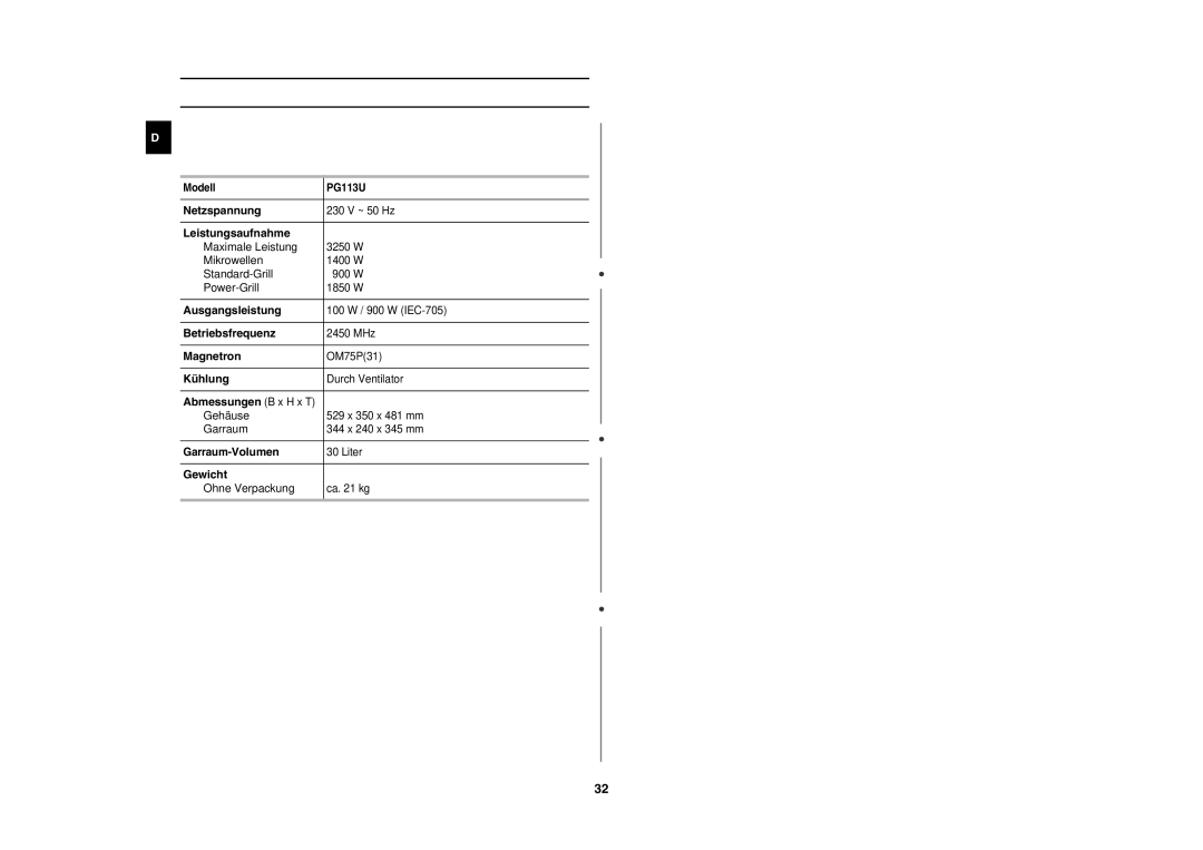 Samsung PG113U/XEG, PG113U-S/XEG manual Technische Daten 