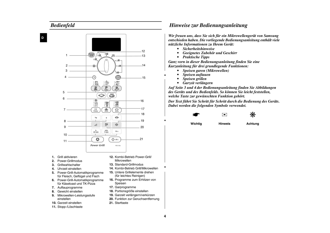 Samsung PG113U/XEG, PG113U-S/XEG manual Bedienfeld Hinweise zur Bedienungsanleitung, Auftauprogramme Gewicht einstellen 