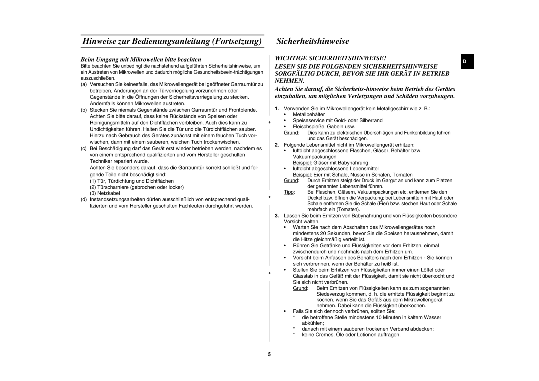 Samsung PG113U-S/XEG, PG113U/XEG manual Hinweise zur Bedienungsanleitung Fortsetzung, Sicherheitshinweise 