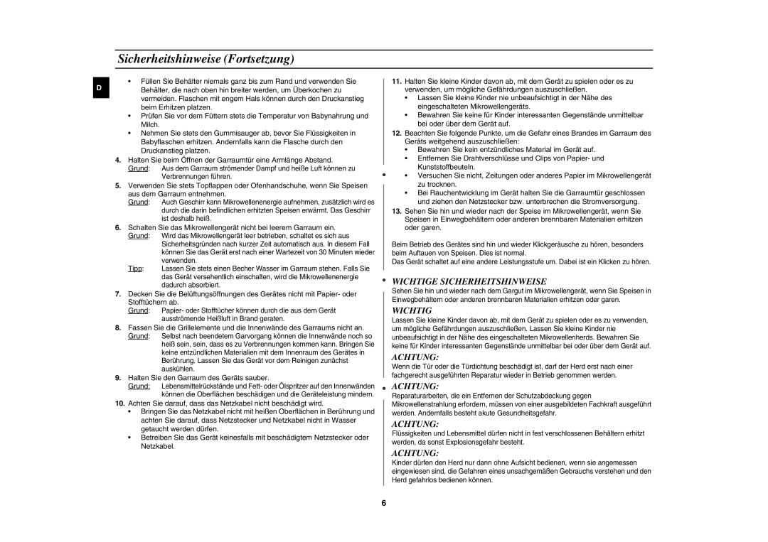 Samsung PG113U/XEG, PG113U-S/XEG manual Sicherheitshinweise Fortsetzung, Wichtige Sicherheitshinweise, Achtung 