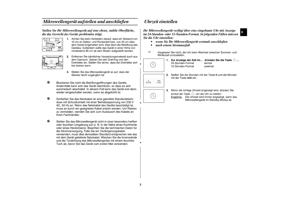 Samsung PG113U-S/XEG manual Mikrowellengerät aufstellen und anschließen, Cm an Seiten- und Rückenteil bzw. von 20 cm über 