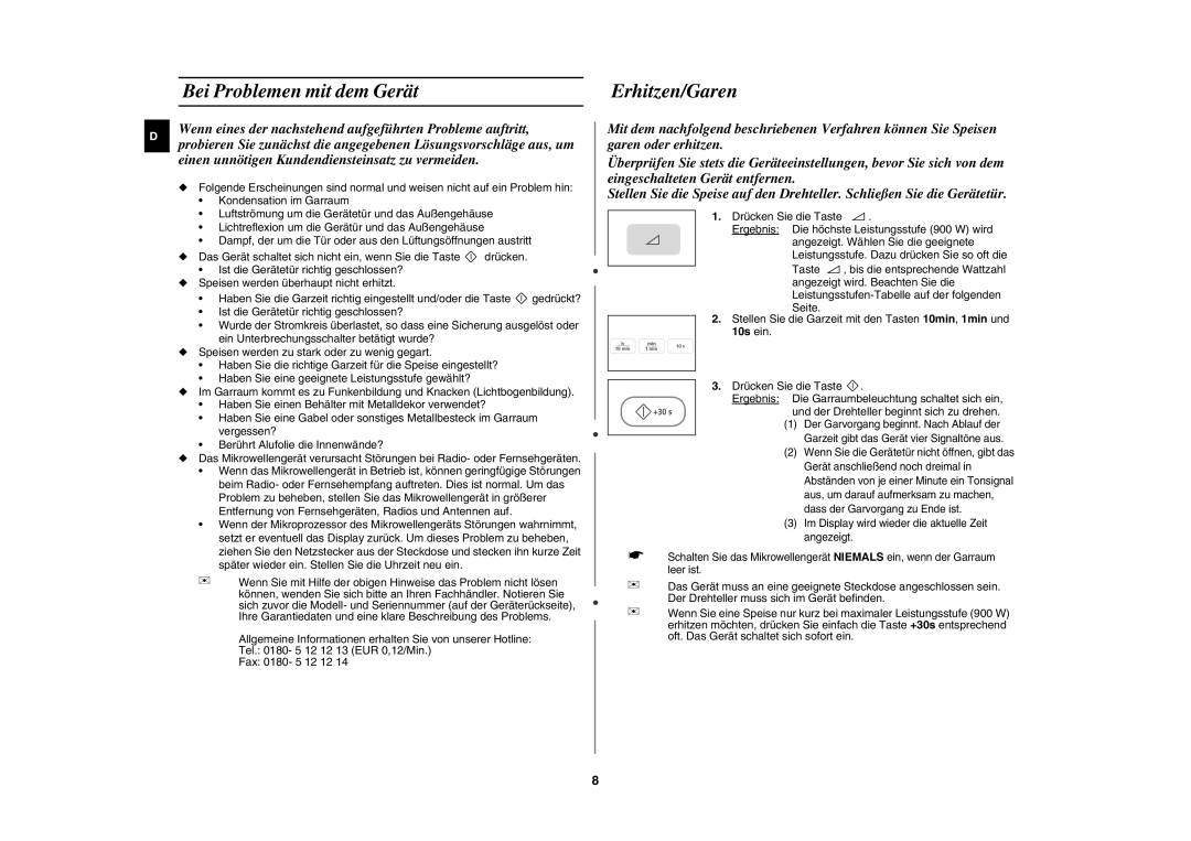 Samsung PG113U/XEG, PG113U-S/XEG manual Bei Problemen mit dem Gerät, Erhitzen/Garen 