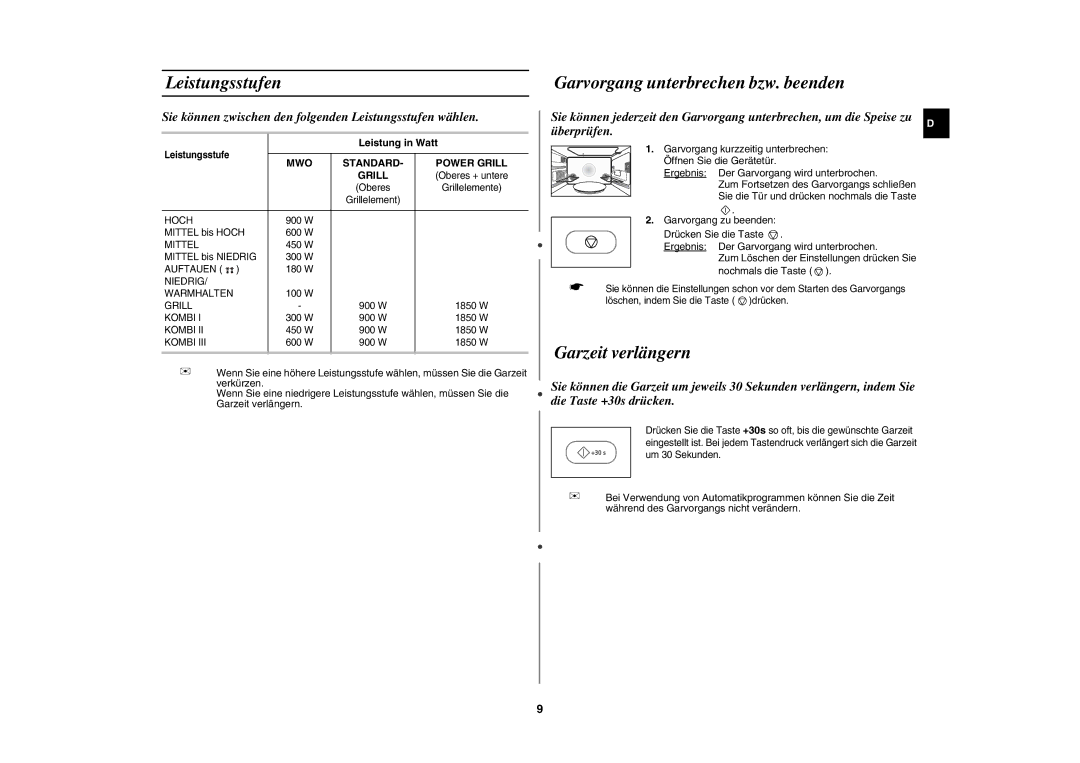 Samsung PG113U-S/XEG manual Leistungsstufen, Garvorgang unterbrechen bzw. beenden, Garzeit verlängern, Leistung in Watt 