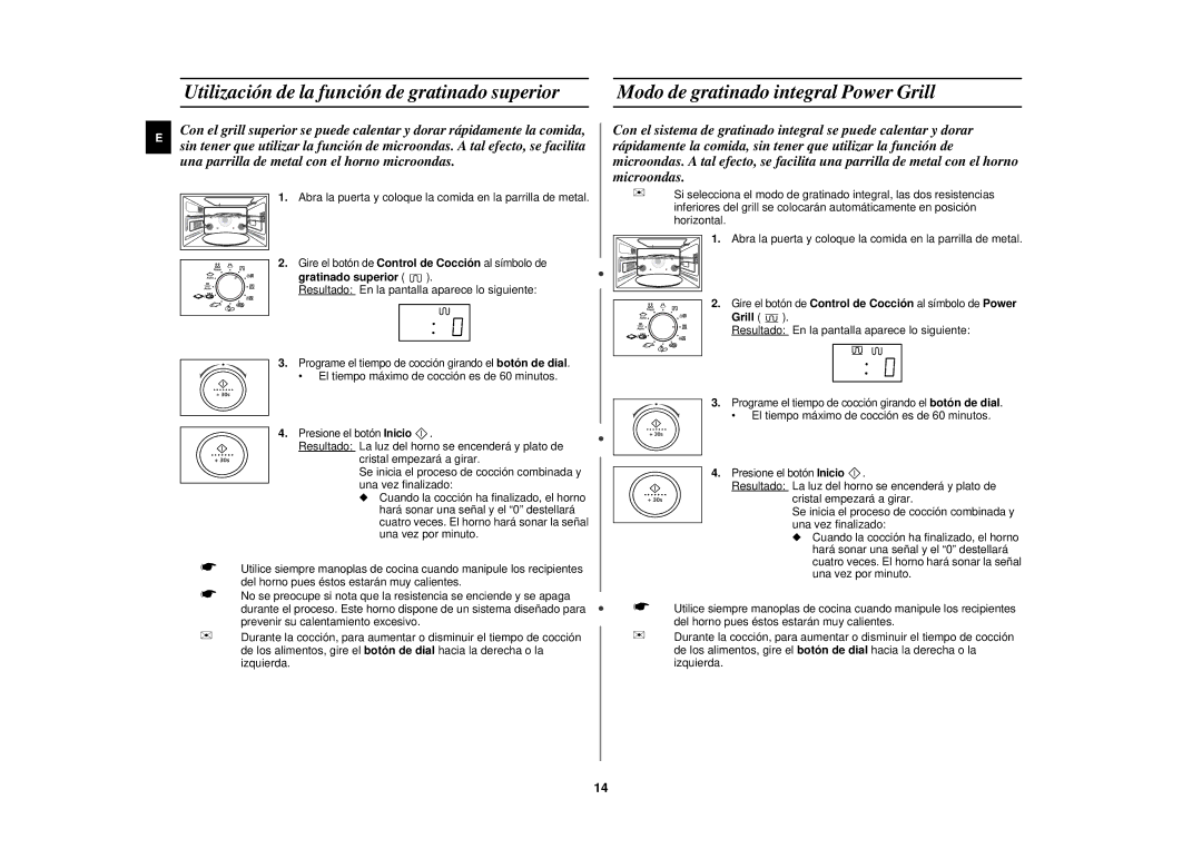 Samsung PG117U-S/XEC manual Modo de gratinado integral Power Grill, Gratinado superior 