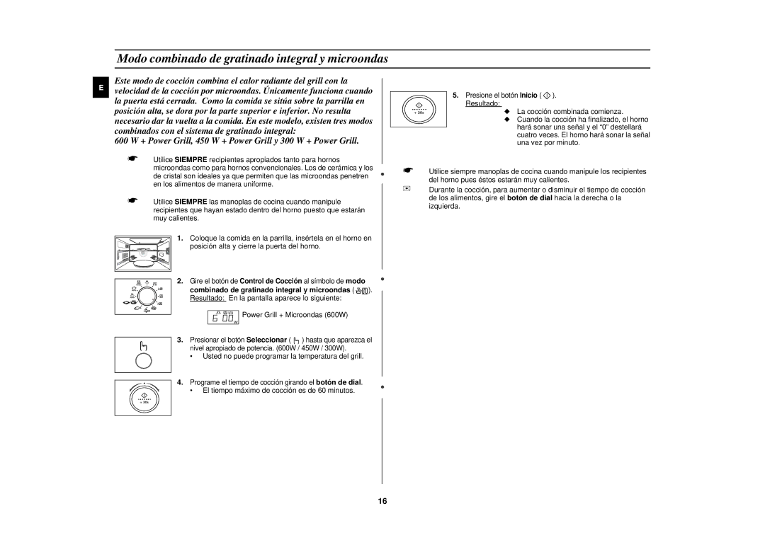 Samsung PG117U-S/XEC manual Modo combinado de gratinado integral y microondas, Combinado de gratinado integral y microondas 