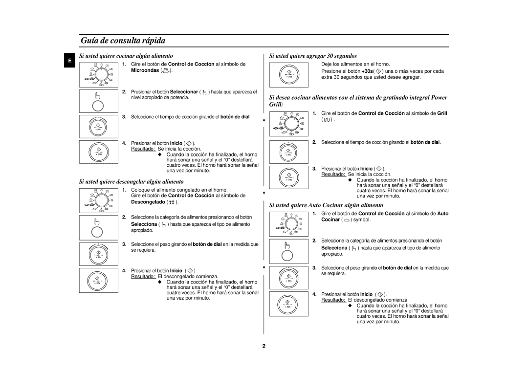 Samsung PG117U-S/XEC manual Guía de consulta rápida, Descongelado, Gire el botón de Control de Cocción al símbolo deGrill 