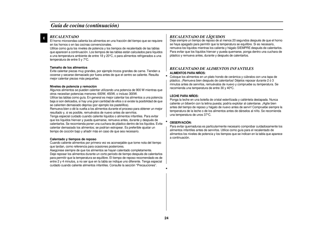 Samsung PG117U-S/XEC manual Recalentado DE Líquidos, Recalentado DE Alimentos Infantiles 