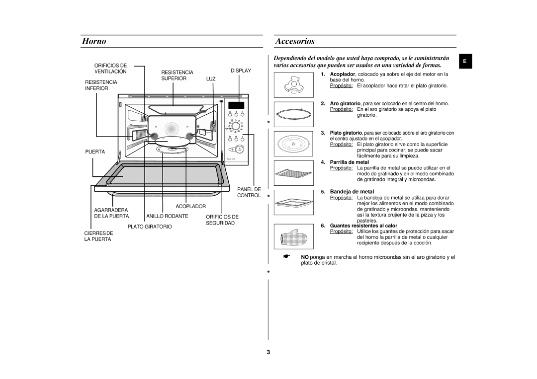 Samsung PG117U-S/XEC manual Horno, Accesorios, Parrilla de metal, Bandeja de metal, Guantes resistentes al calor 