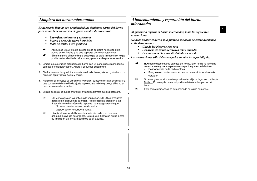 Samsung PG117U-S/XEC manual Limpieza del horno microondas, Almacenamiento y reparación del horno microondas 