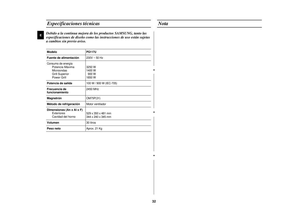 Samsung PG117U-S/XEC manual Especificaciones técnicas Nota 