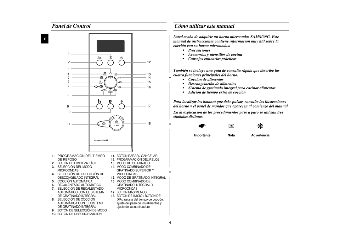 Samsung PG117U-S/XEC Panel de Control Cómo utilizar este manual, ImportanteNotaAdvertencia 