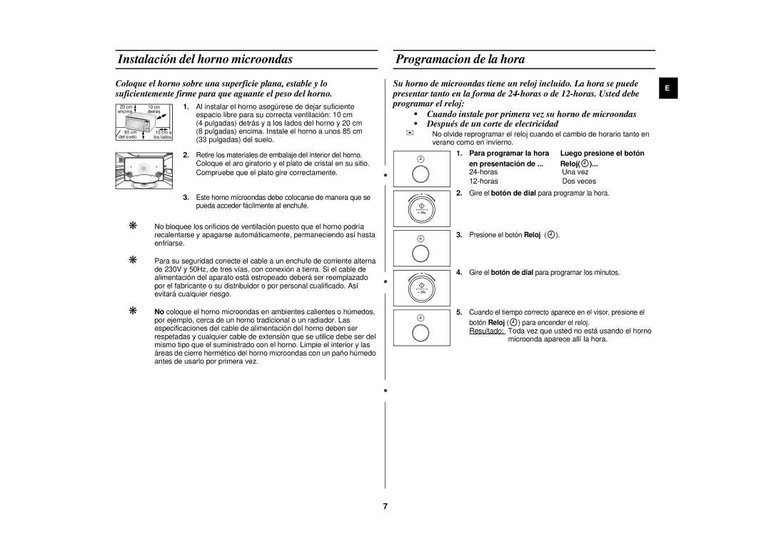 Samsung PG117U-S/XEC manual Instalación del horno microondas, Programacion de la hora, Para programar la hora 