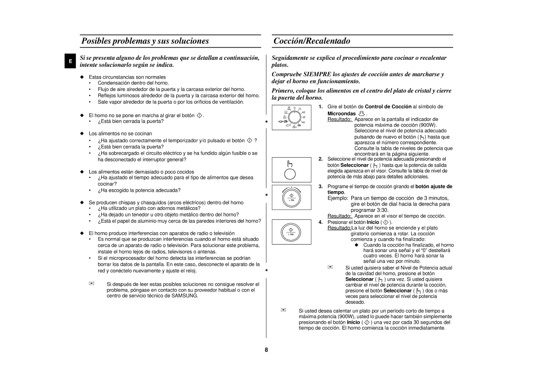 Samsung PG117U-S/XEC manual Posibles problemas y sus soluciones Cocción/Recalentado, Microondas 