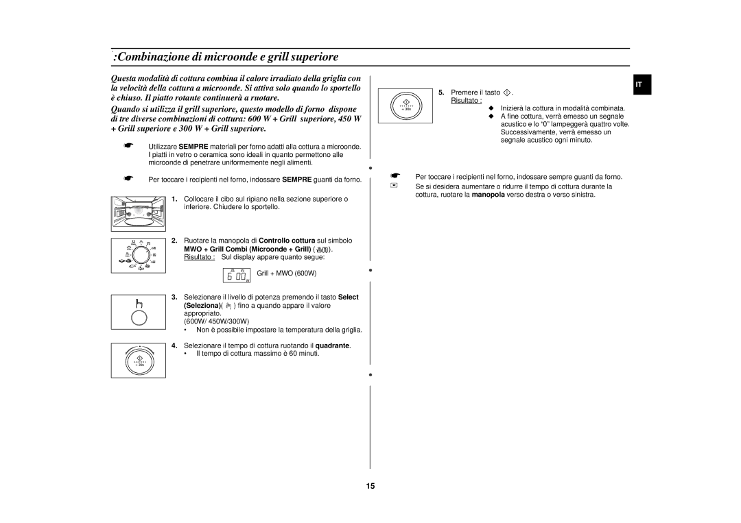 Samsung PG117U-S/XET manual Combinazione di microonde e grill superiore, MWO + Grill Combi Microonde + Grill 