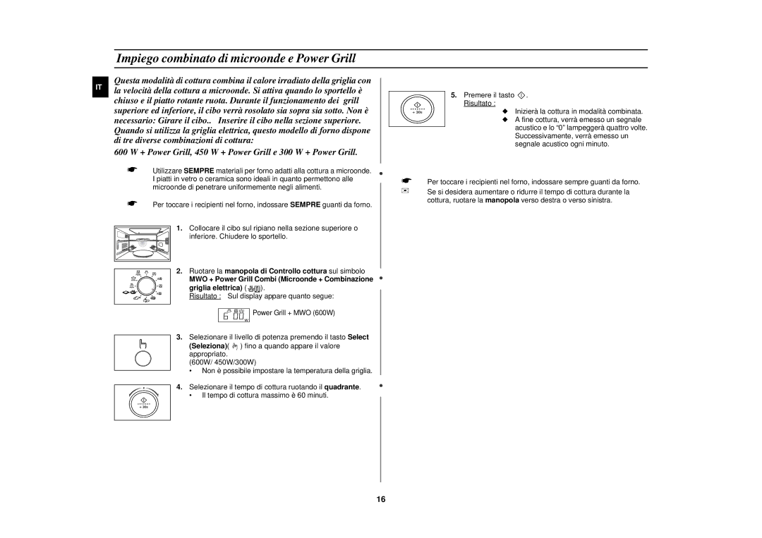 Samsung PG117U-S/XET manual Impiego combinato di microonde e Power Grill 