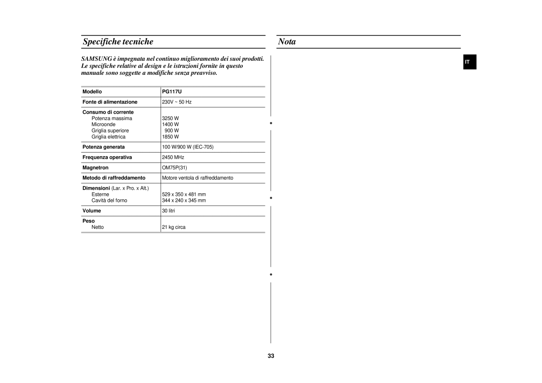 Samsung PG117U-S/XET manual Specifiche tecniche Nota 