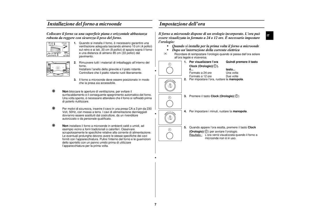 Samsung PG117U-S/XET manual Installazione del forno a microonde Impostazione dell’ora, Pavimento, Per visualizzare l’ora 