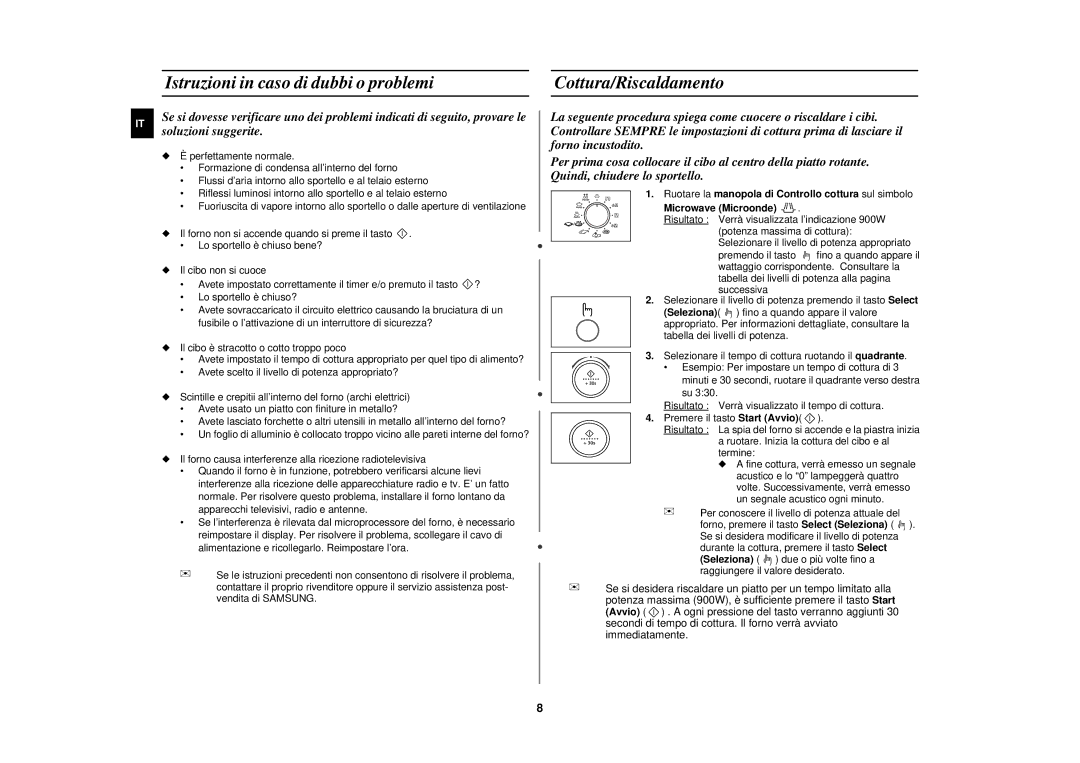 Samsung PG117U-S/XET manual Istruzioni in caso di dubbi o problemi Cottura/Riscaldamento 
