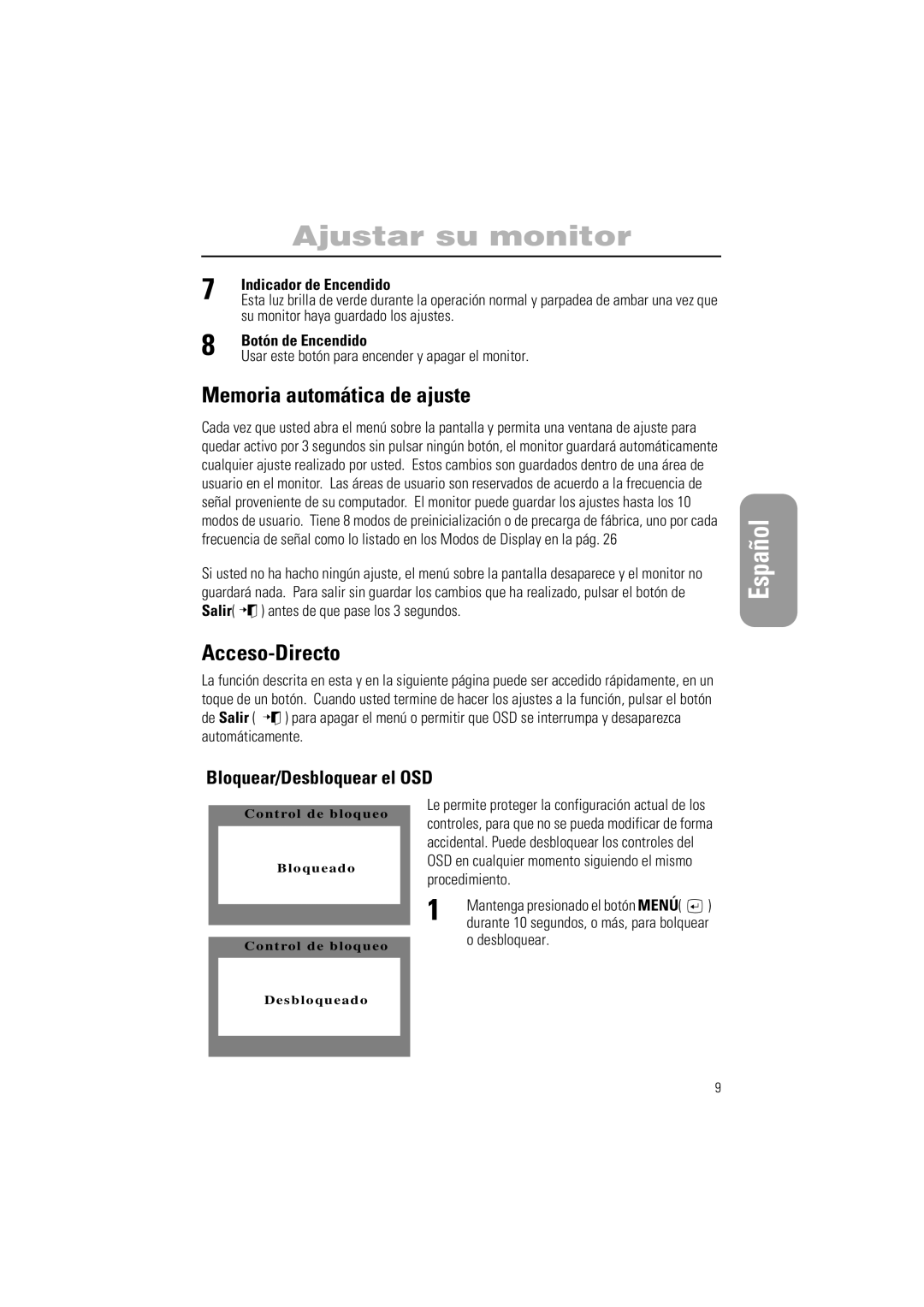 Samsung PG17IS, PG19IS manual Memoria automática de ajuste, Acceso-Directo, Bloquear/Desbloquear el OSD 