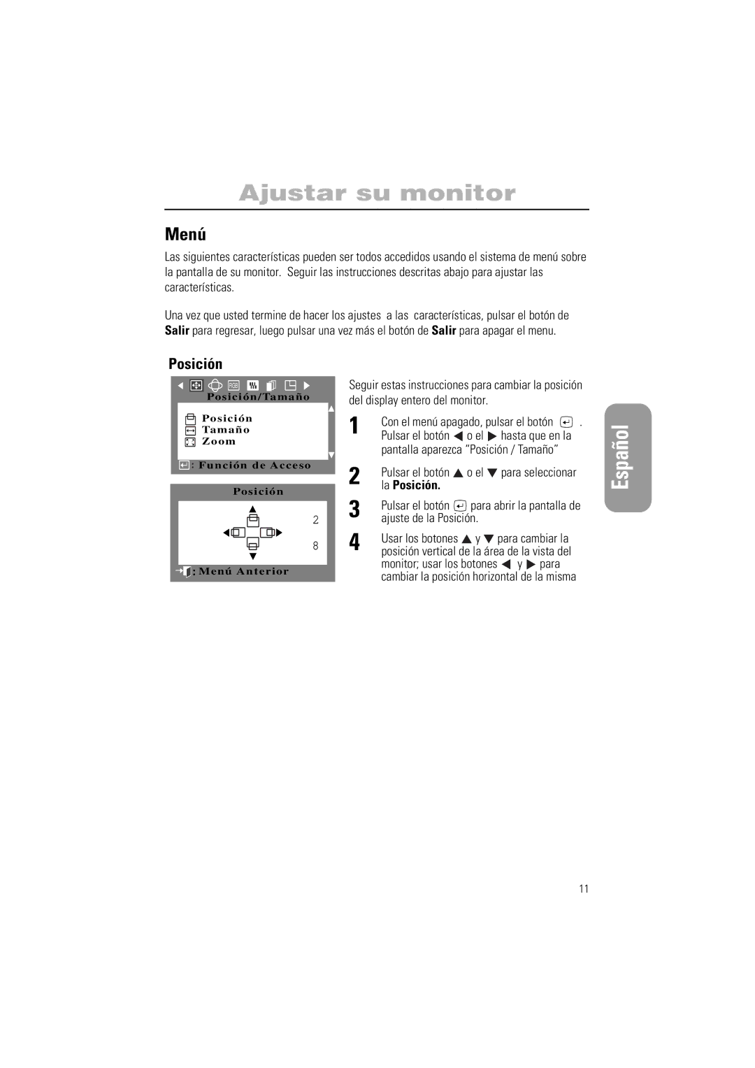 Samsung PG17IS, PG19IS manual Menú, Pulsar el botón, La Posición, Para 