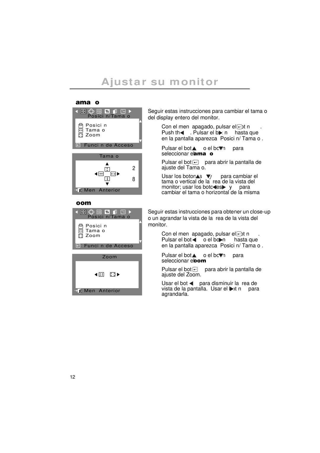 Samsung PG19IS, PG17IS manual Zoom, Pulsar el botón El botón Para, Ajuste del Tamaño, Pulsar el botón o el botón 