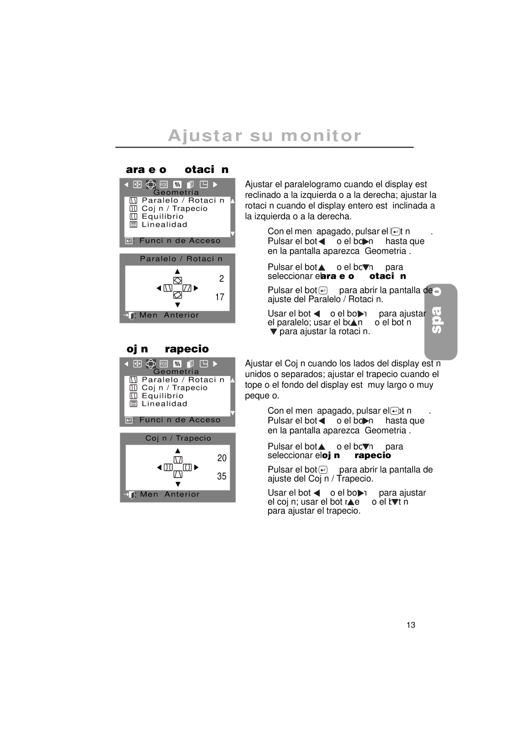 Samsung PG17IS, PG19IS manual Paralelo / Rotación, Seleccionar el Cojín / Trapecio 