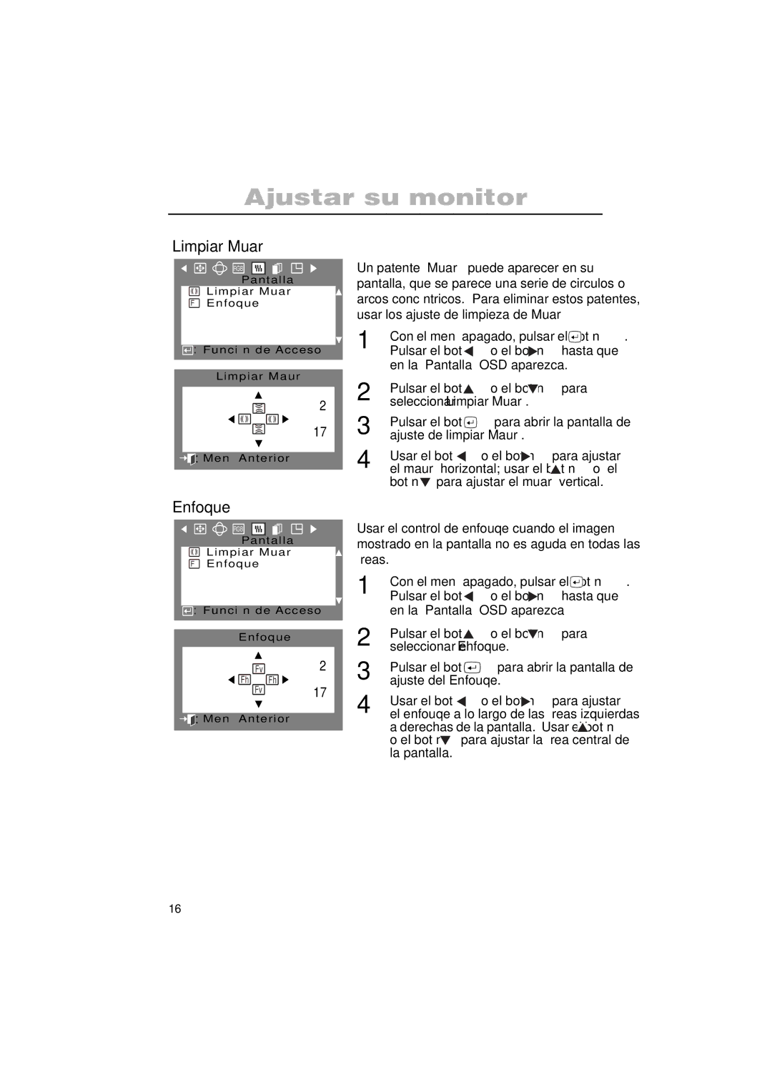 Samsung PG19IS, PG17IS manual Limpiar Muaré, Enfoque 